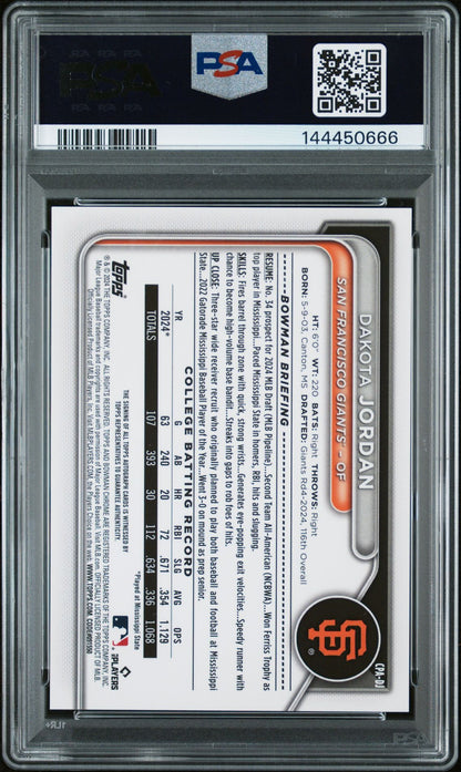 2024 Bowman Draft Chrome Prospect Autographs Dakota Jordan #CPADJ PSA 10 Auto 10