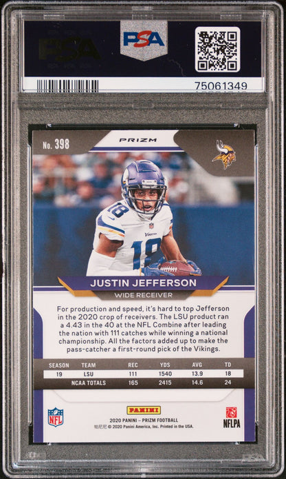 2020 Panini Prizm Justin Jefferson Red / White / Blue Prizm #398 PSA 10