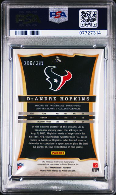 2013 PANINI SELECT DeANDRE HOPKINS JERSEY AUTOGRAPH #176 PSA 9